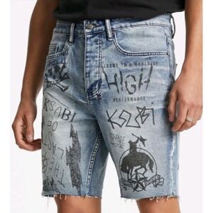 Ksubi Chopper Denim Shorts Mens 29x8 Graffiti Skull Punk Graphic Blue Raw Hem